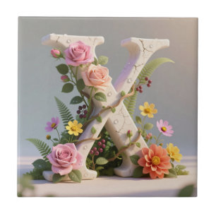 White Floral Textured Monogram Letter X Tile