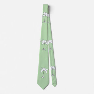White Floral Tropical Pale Green Neck Tie