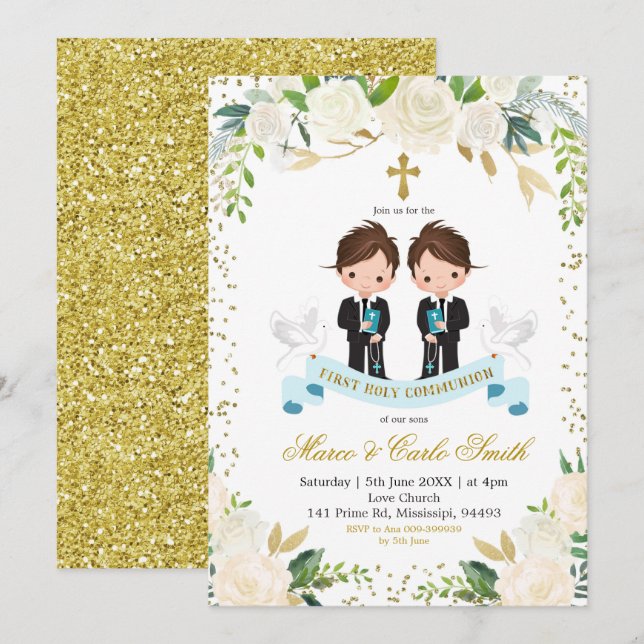 White Floral Twin Boy First Holy Communion Invitation (Front/Back)