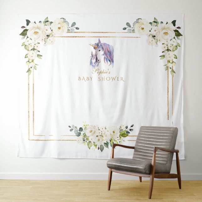 White Floral Unicorn Photo Booth Baby Shower Tapestry (In Situ (Horizontal))