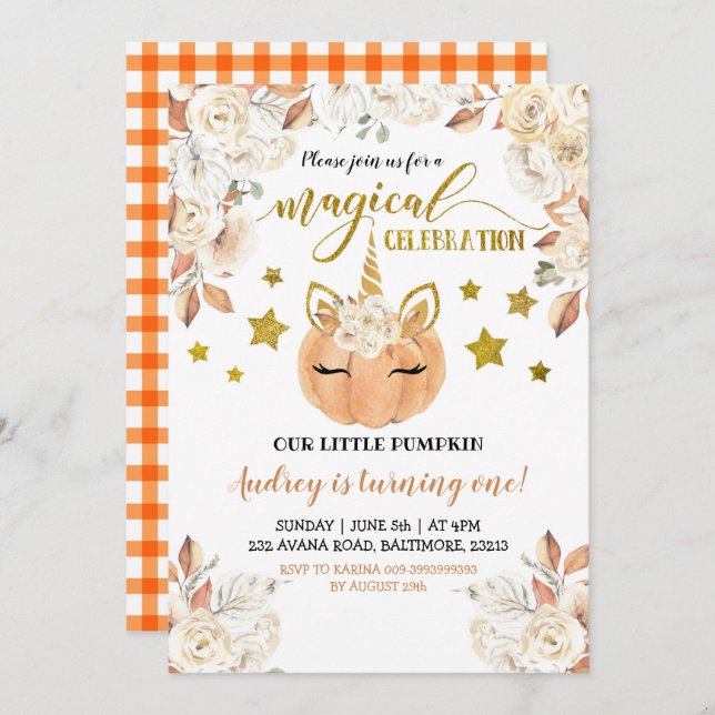 White Floral Unicorn Pumpkin is Turning One Invitation (Front/Back)