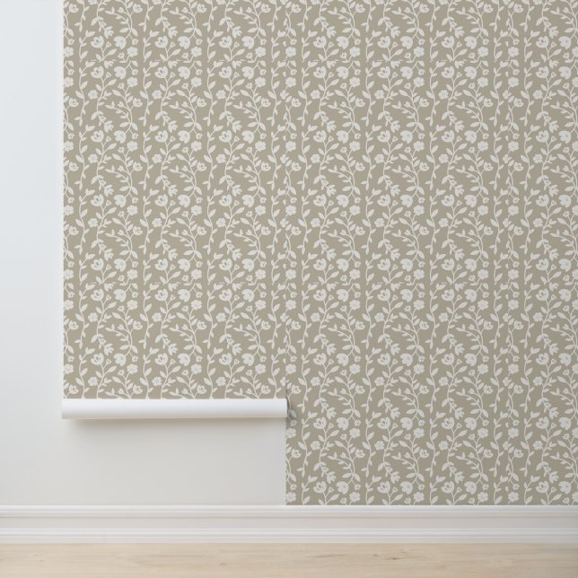 White Floral Vine On Grey Wallpaper (Application)