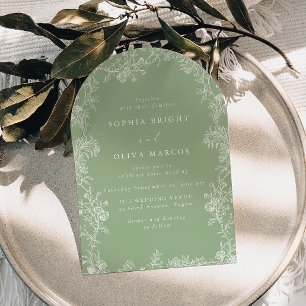 White Floral Vintage Sage Green Wedding Invitation