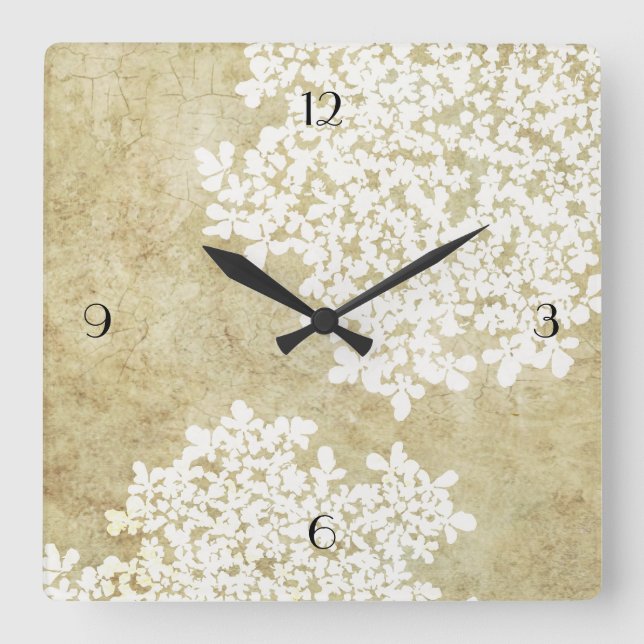 White Floral Vintage Square Wall Clock (Front)
