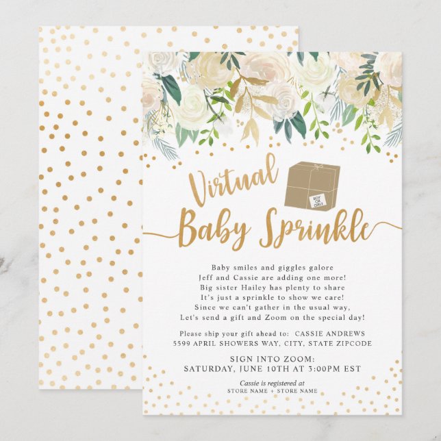 White Floral Virtual Baby Sprinkle baby shower Invitation (Front/Back)