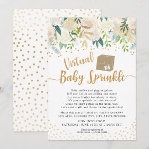 White Floral Virtual Baby Sprinkle baby shower Invitation
