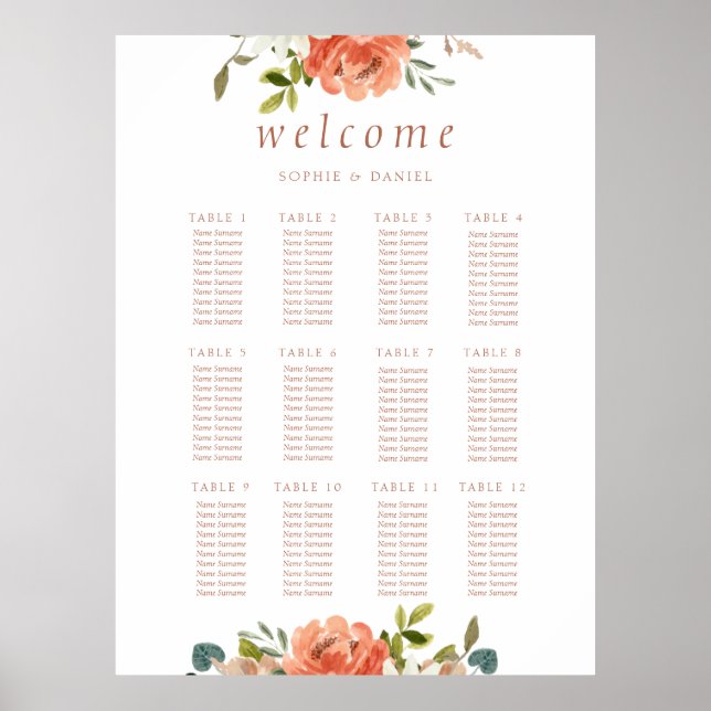 White Floral Watercolor 12 Table Wedding Poster (Front)