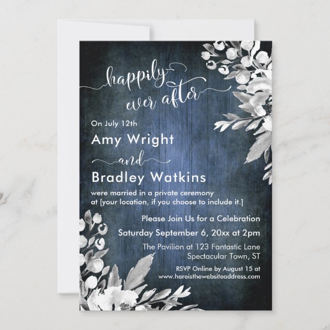 White Floral Watercolor Blue Happily Ever After Invitation (Front)
