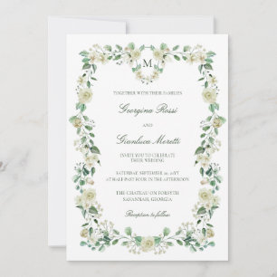 White Floral Watercolor Crest & Monogram Wedding Invitation