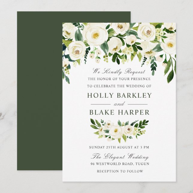 White Floral Watercolor Elegant Greenery Wedding Invitation (Front/Back)