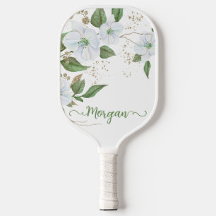 White Floral Watercolor Gold Glitter Script Name Pickleball Paddle