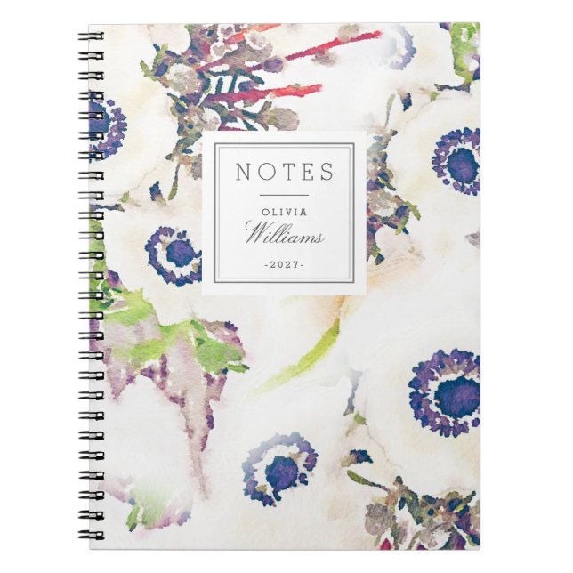 White Floral Watercolor Name Lastname Notebook (Front)