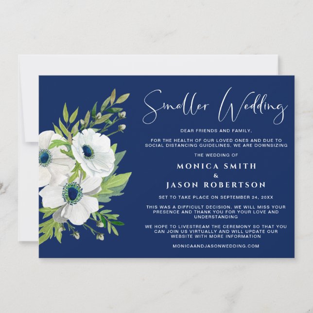 White Floral Watercolor Navy Blue Smaller Wedding Announcement (Front)