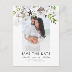 White Floral Watercolor Photo Save the Date Announcement Postcard