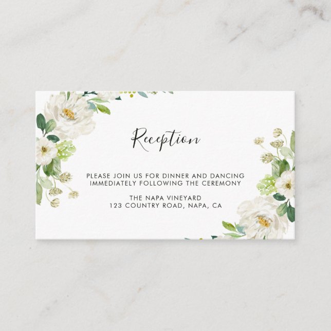 White Floral Watercolor Wedding Reception Enclosure Card (Front)