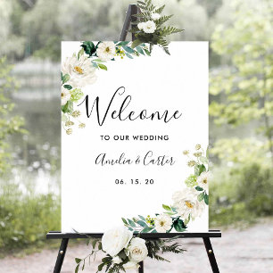 White Floral Watercolor Wedding Welcome Sign