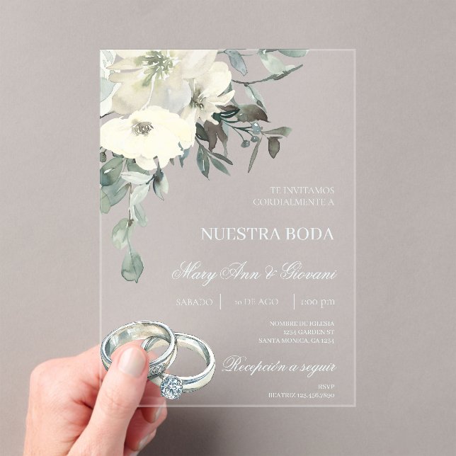 White Floral wedding Acrylic Invitations (Insitu (Handheld))
