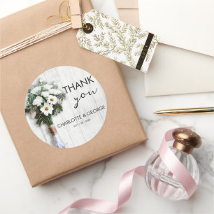 White floral wedding bouquet favours classic round sticker