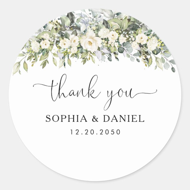 White Floral Wedding Classic Round Sticker (Front)