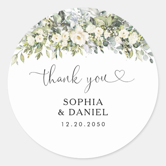 White Floral Wedding Classic Round Sticker (Front)