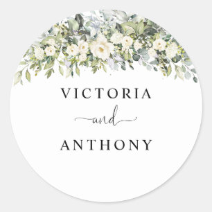 White Floral Wedding Classic Round Sticker
