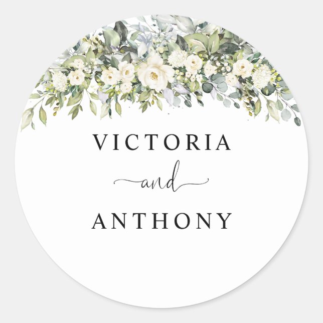 White Floral Wedding Classic Round Sticker (Front)