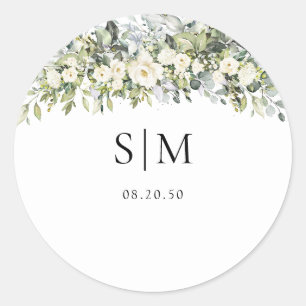 White Floral Wedding Classic Round Sticker