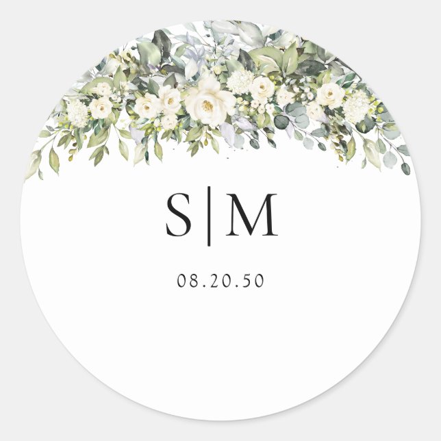 White Floral Wedding Classic Round Sticker (Front)
