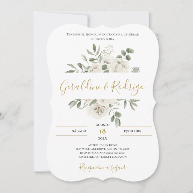 White Floral Wedding in Spanish Invitation (Front)