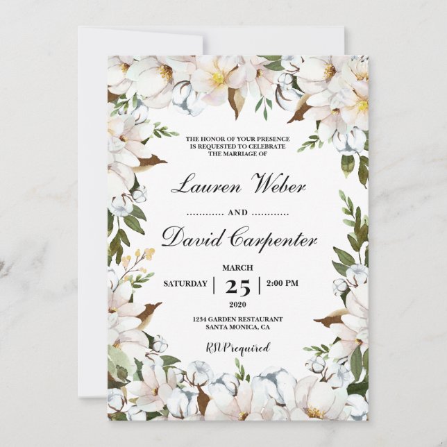 White Floral wedding Invitation (Front)