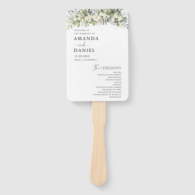 White Floral Wedding Program Hand Fan (Front)