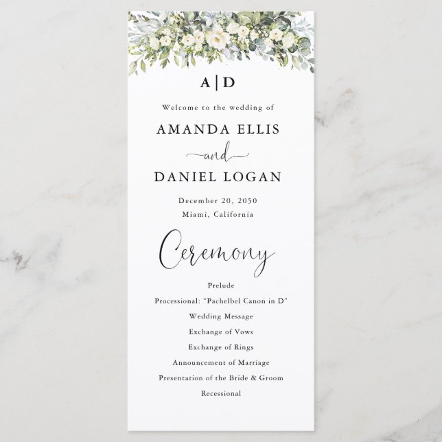 White Floral Wedding Program Programme (Front)
