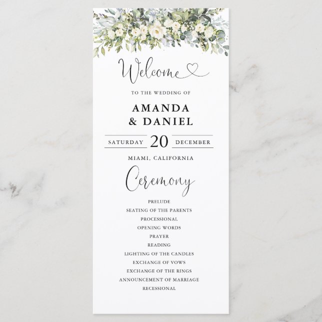 White Floral Wedding Program Programme (Front)