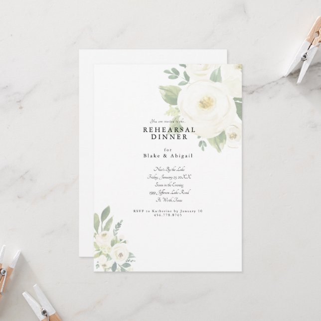 White Floral Wedding Rehearsal Dinner  Invitation (Front/Back In Situ)