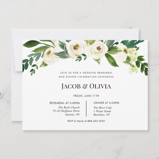 White Floral Wedding Rehearsal Dinner invite (Front)