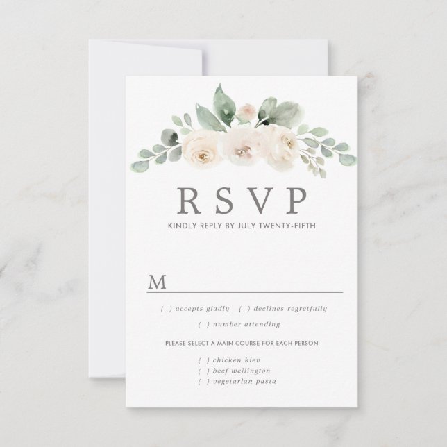 White Floral Wedding RSVP Card, Meal Options (Front)