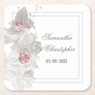 White floral wedding square paper coaster