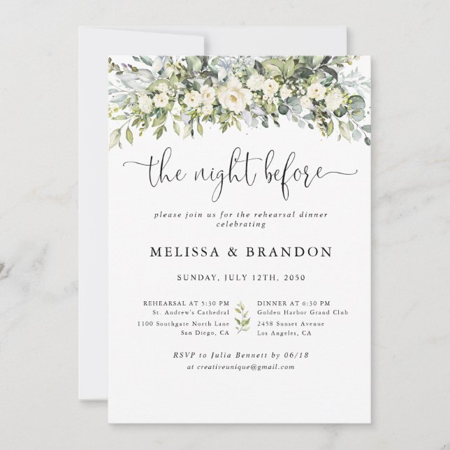 White Floral Wedding The Night Before  Invitation (Front)
