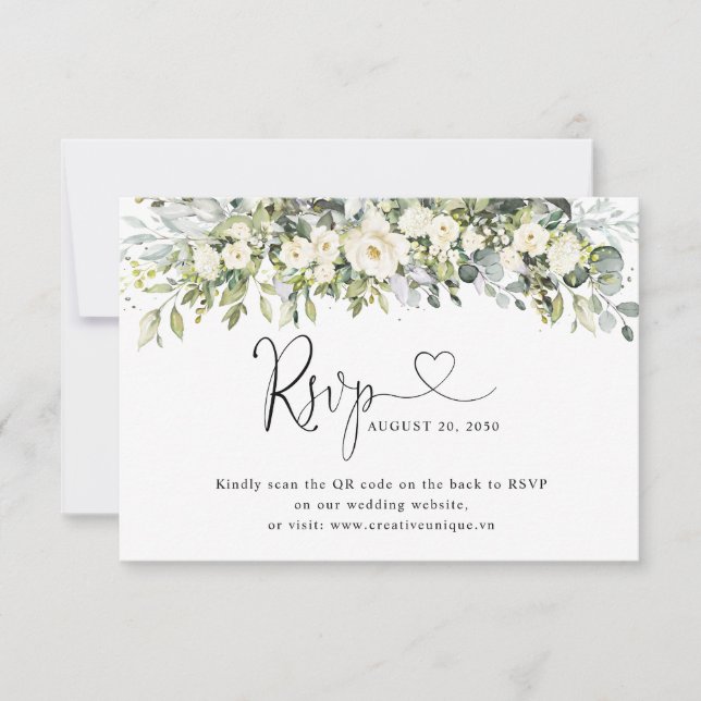 White Floral Wedding Website QR Code RSVP  Card (Front)