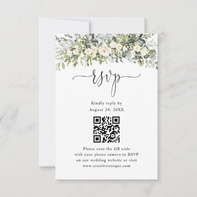 White Floral Wedding Website QR Code RSVP  Card (Front)