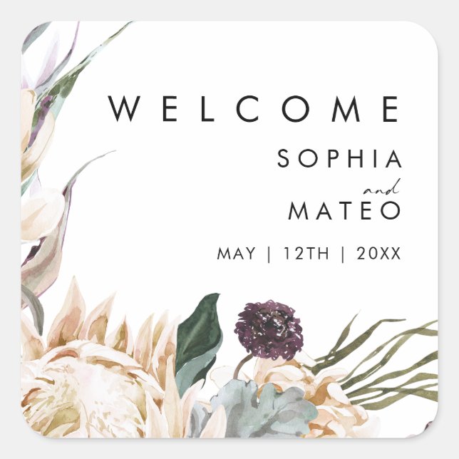 White Floral Wedding Welcome Square stickers (Front)