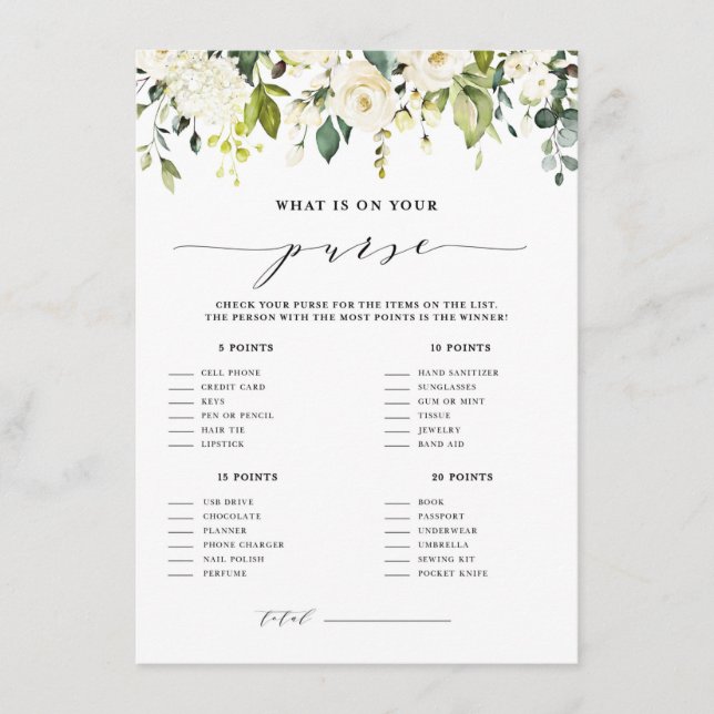 White Floral What's in Your Purse Shower Game Enclosure Card (Front)