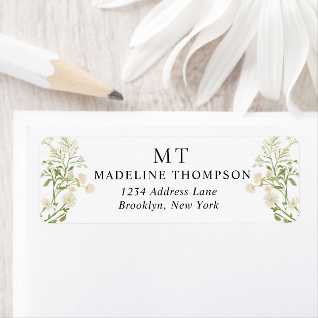 White Floral Wildflower Classic Monogram Address (Insitu)