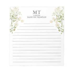 White Floral Wildflower Classic Monogram Lined Notepad
