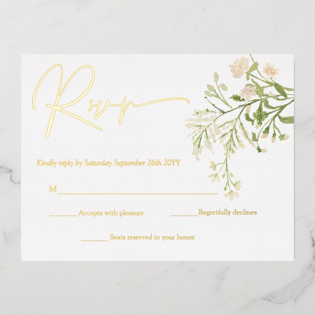 White Floral Wildflowers Botanical RSVP Cards Gold (Front)