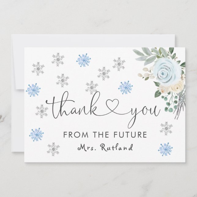 White Floral Winter Bridal Shower Snowflakes Thank You Card (Front)
