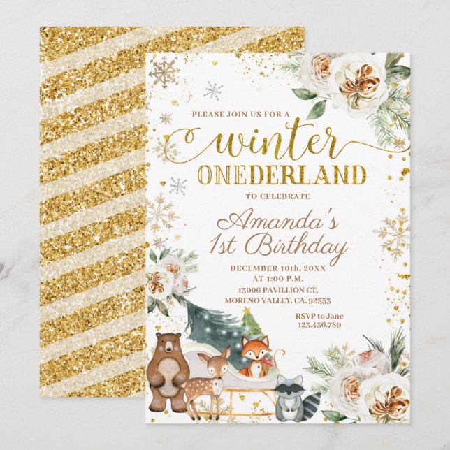 White Floral Winter Onederland Birthday Invitation (Front/Back)