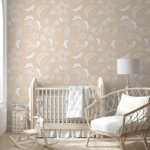 White Floral with Cream Background Wallpaper