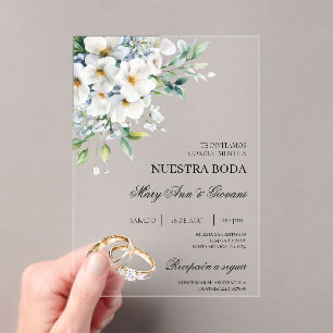 White Floral with gold ring Spanish Wedding Acrylic Invitations