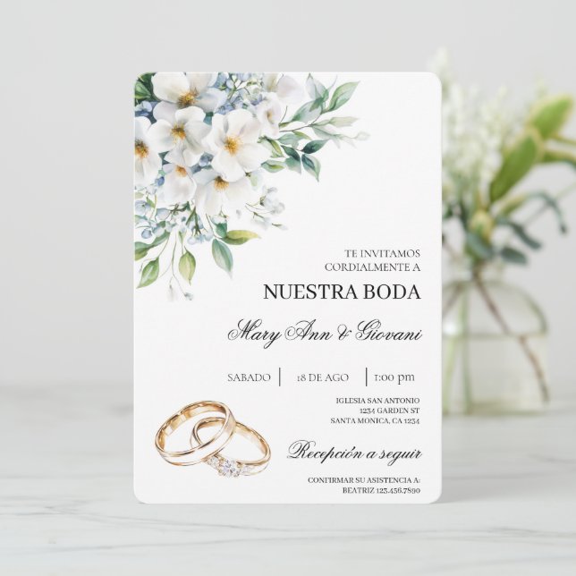 White Floral with gold ring Spanish Wedding Invitation (Standing Front)